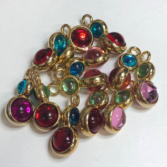 24 Gold-Tone Double-Sided Glass Charms With Red & Green Gem-Style Accents - Picture 2 of 5